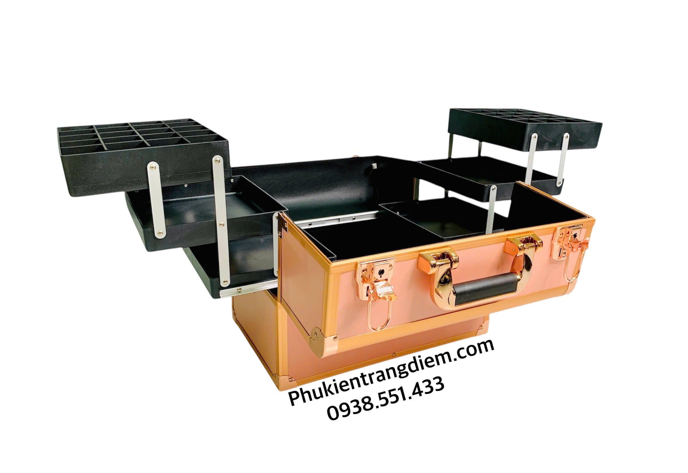 Cốp Trang Điểm Rose Gold 6 Khay Thiết Kế Sang Trọng, Nhiều Ngăn Tiện Lợi