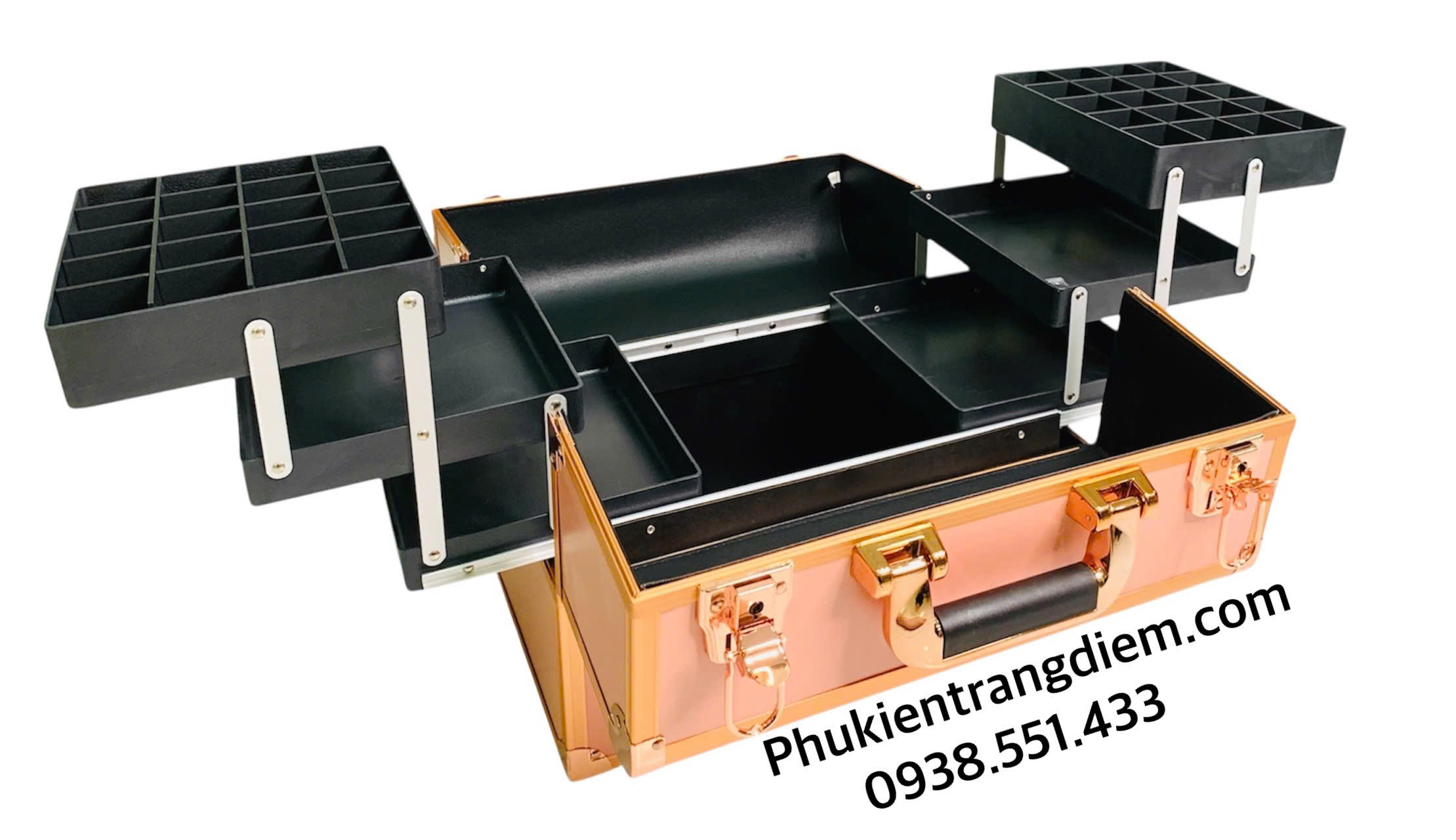 Cốp Trang Điểm Rose Gold 6 Khay Thiết Kế Sang Trọng, Nhiều Ngăn Tiện Lợi