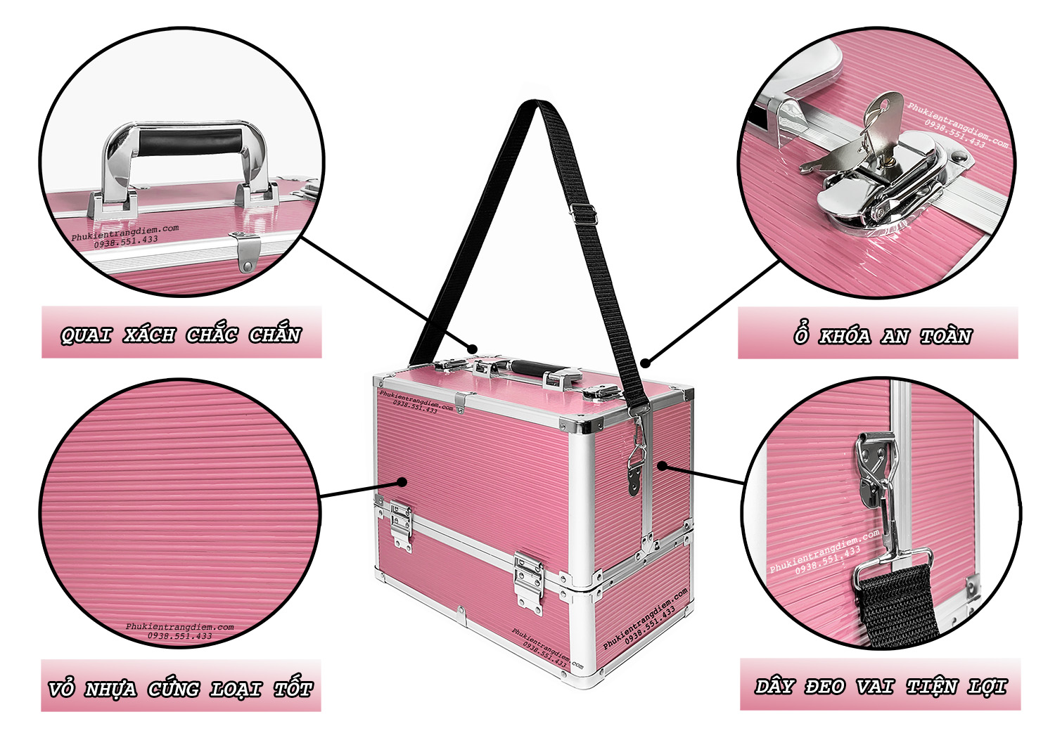 Cốp thùng đồ make up, mỹ phẩm trang điểm vỏ nhựa dày dặn sáng bóng có dây đeo gọn nhẹ