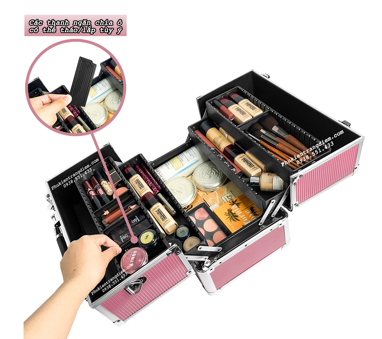 Cốp thùng đồ make up, mỹ phẩm trang điểm vỏ nhựa dày dặn sáng bóng có dây đeo gọn nhẹ