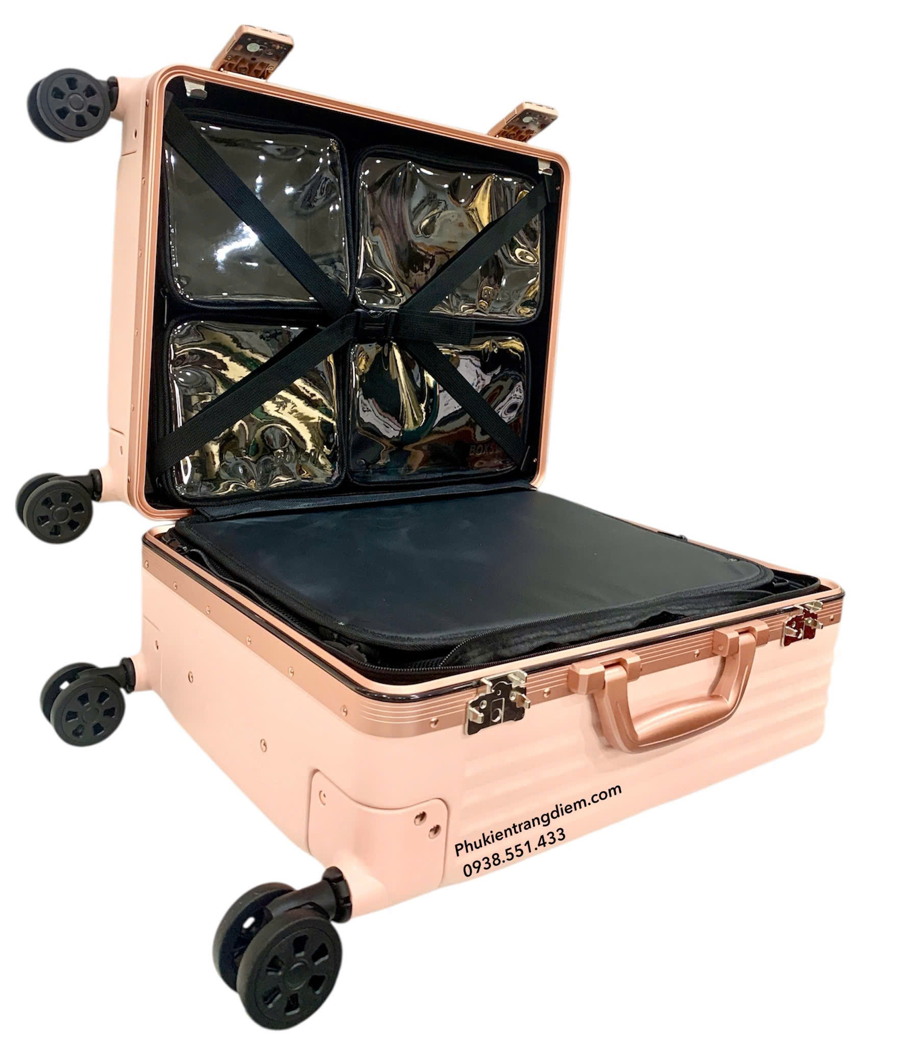 cốp vali kéo BOXSW makeup chuyên nghiệp vỏ cứng khóa số kèm nhiều túi trong để vừa xe máy