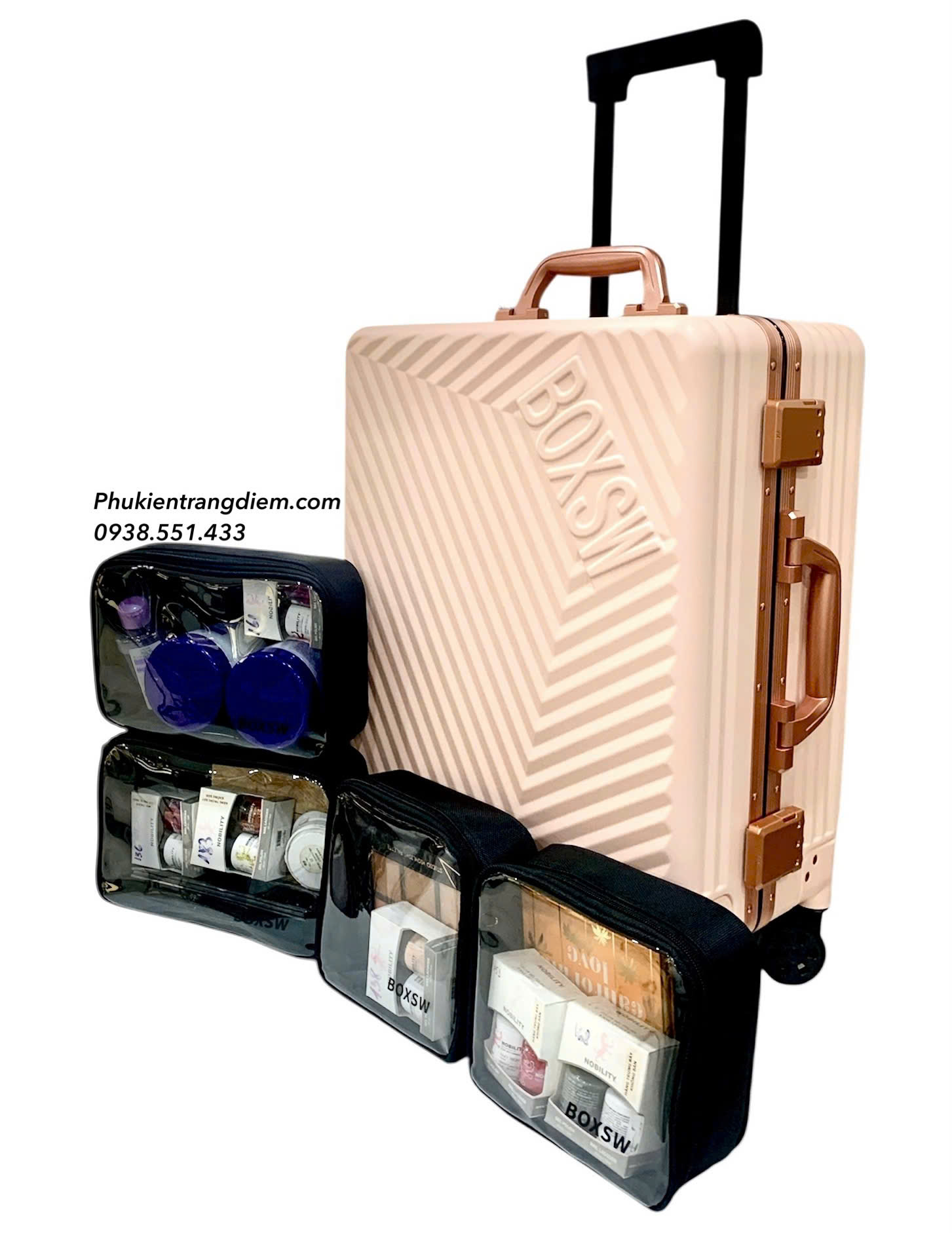 cốp vali kéo BOXSW makeup chuyên nghiệp vỏ cứng khóa số kèm nhiều túi trong để vừa xe máy