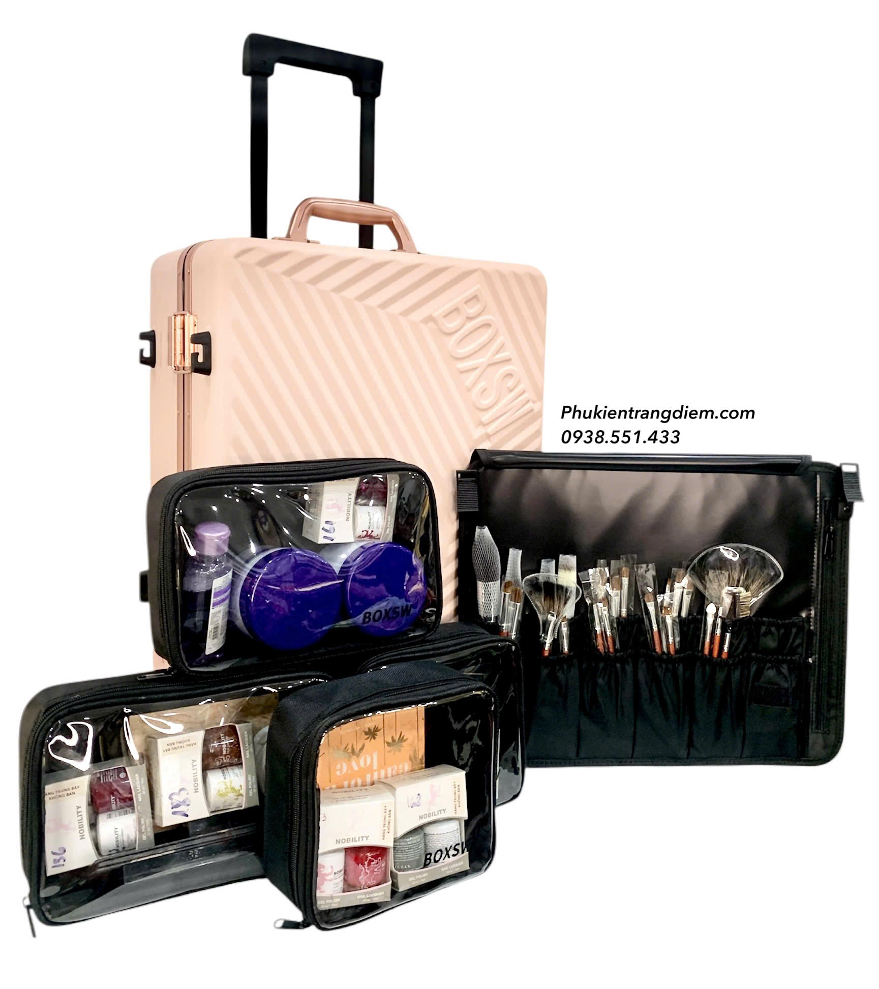 cốp vali kéo BOXSW makeup chuyên nghiệp vỏ cứng khóa số kèm nhiều túi trong để vừa xe máy