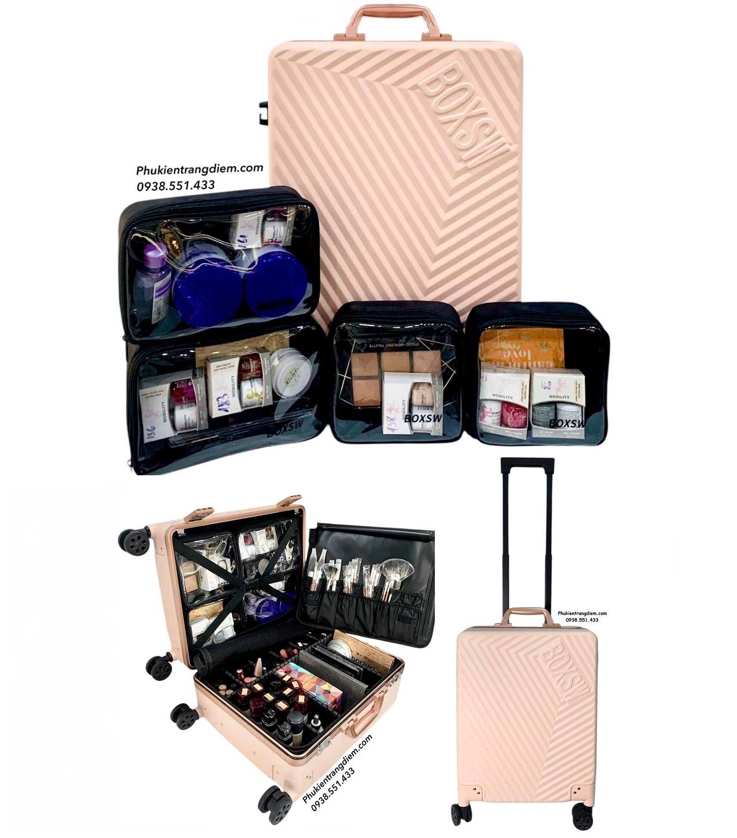 cốp vali kéo BOXSW makeup chuyên nghiệp vỏ cứng khóa số kèm nhiều túi trong để vừa xe máy