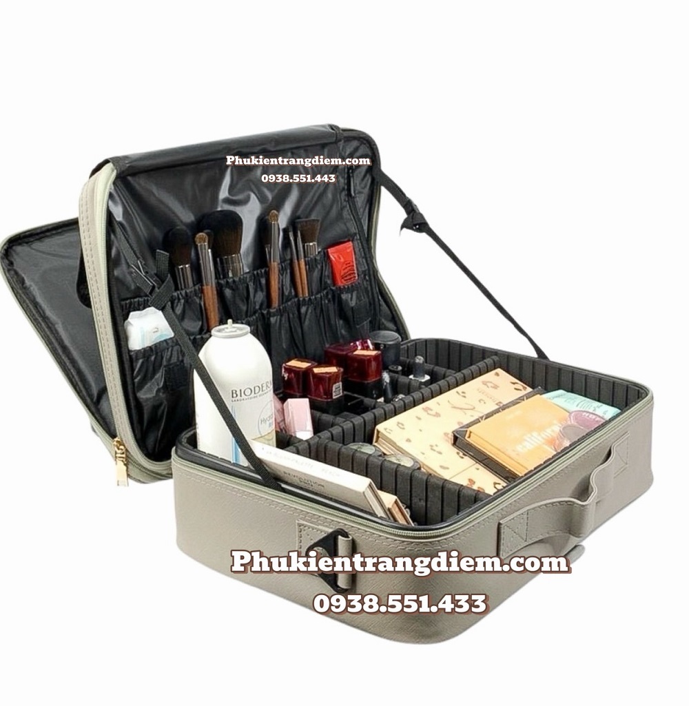 Cốp đựng trang điểm bằng da có dây đeo màu xám