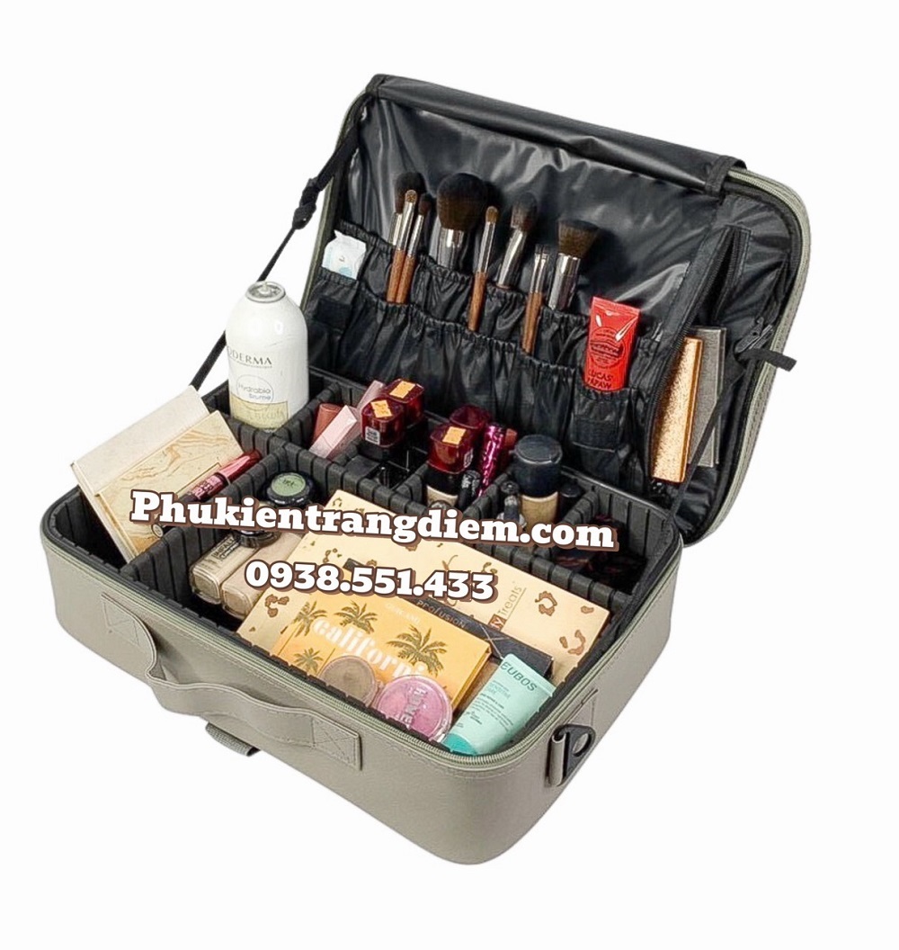 Cốp đựng trang điểm bằng da có dây đeo màu xám