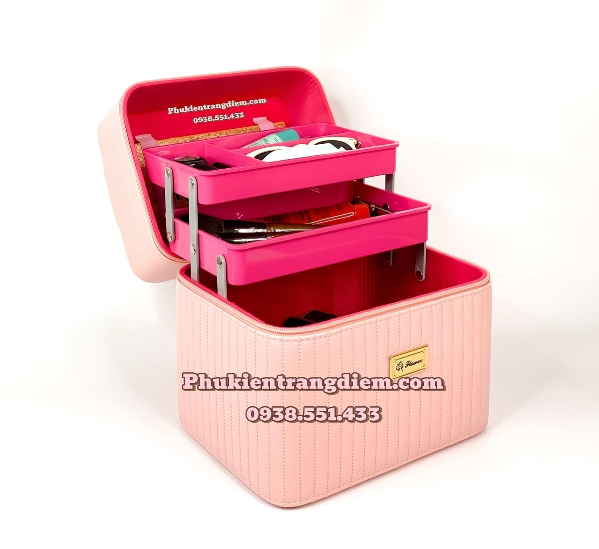 Hộp đựng mỹ phẩm cá nhân nhỏ gọn 2 tầng vỏ da PU