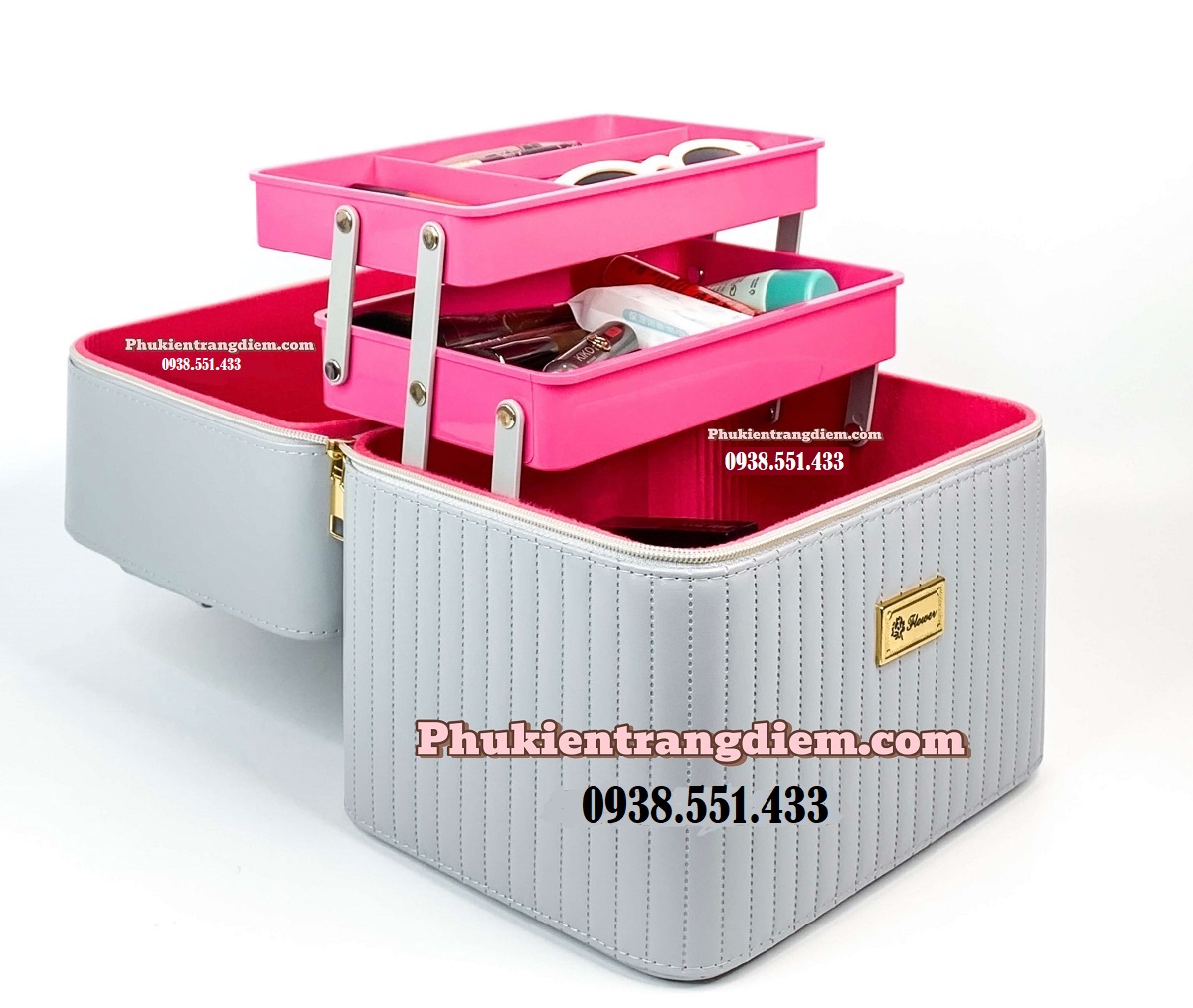 Hộp đựng mỹ phẩm cá nhân nhỏ gọn 2 tầng vỏ da PU