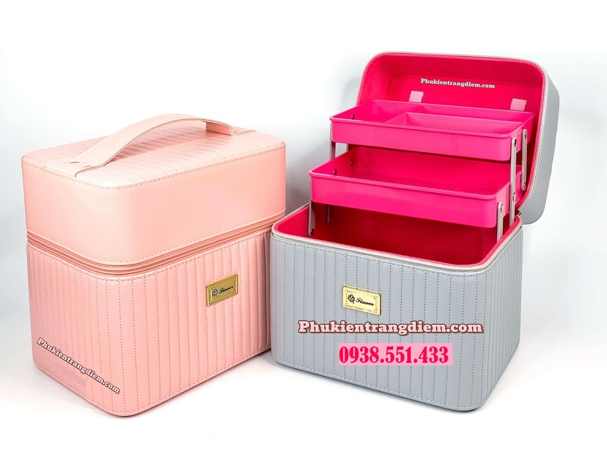 Hộp đựng mỹ phẩm cá nhân nhỏ gọn 2 tầng vỏ da PU