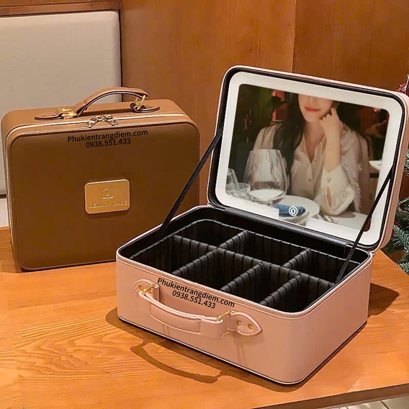 Cốp đựng đồ trang điểm xách tay kèm miếng lót đựng cọ và gương đèn led cảm ứng 1 ngăn vỏ da