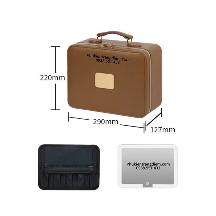 Cốp đựng đồ trang điểm xách tay kèm miếng lót đựng cọ và gương đèn led cảm ứng 1 ngăn vỏ da
