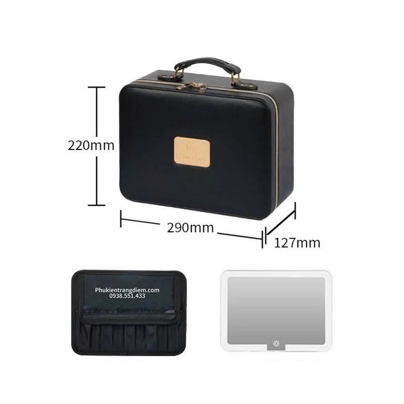 Cốp đựng đồ trang điểm xách tay kèm miếng lót đựng cọ và gương đèn led cảm ứng 1 ngăn vỏ da
