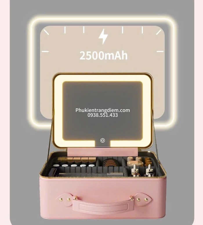 Cốp đựng đồ trang điểm xách tay kèm miếng lót đựng cọ và gương đèn led cảm ứng 1 ngăn vỏ da