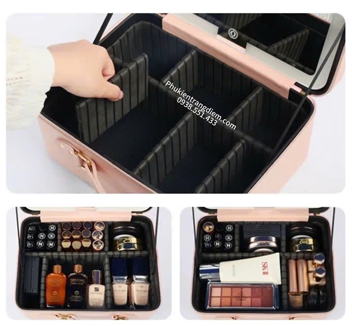Cốp đựng đồ trang điểm xách tay kèm miếng lót đựng cọ và gương đèn led cảm ứng 1 ngăn vỏ da