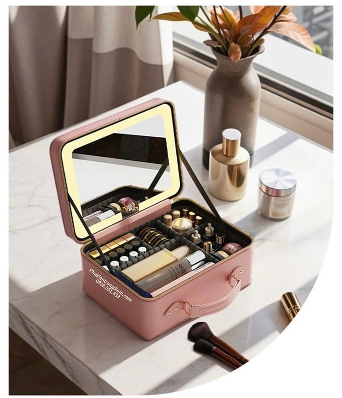 Cốp đựng đồ trang điểm xách tay kèm miếng lót đựng cọ và gương đèn led cảm ứng 1 ngăn vỏ da