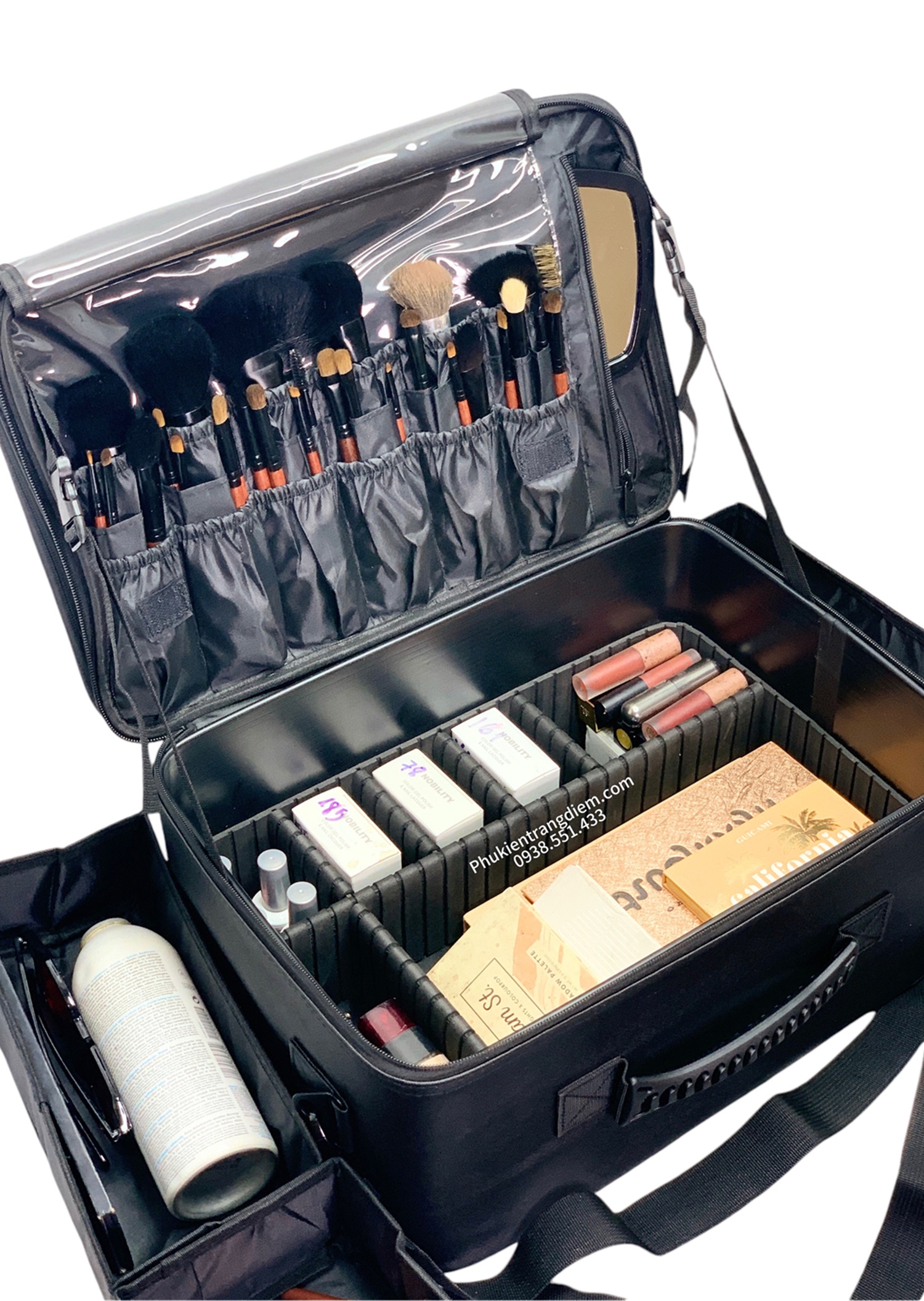 cốp đựng đồ trang điểm bằng da có dây đeo kèm 4 khay vải rời