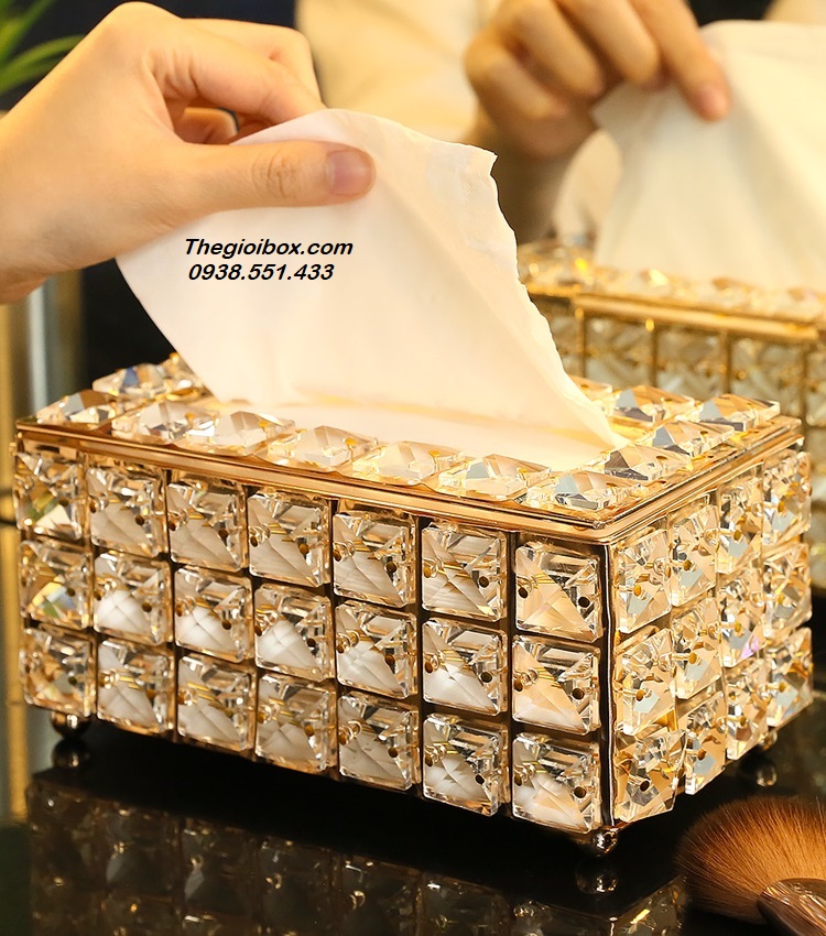 hộp đựng khăn giấy, giấy ăn pha lê mạ vàng sang trọng luxury