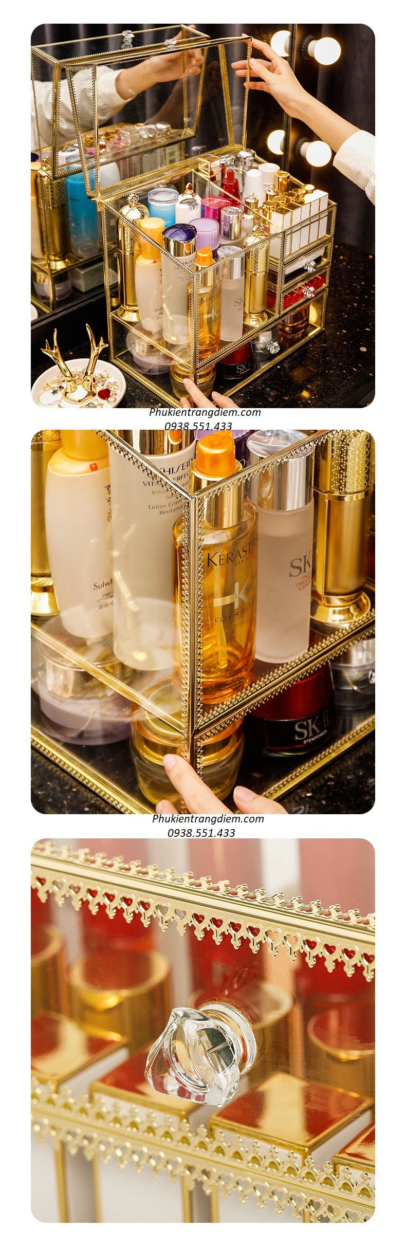 kệ tủ đựng mỹ phẩm trang điểm bằng kính viền mạ vàng golden chống bụi